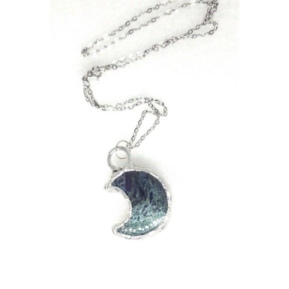 Moss agate moon crystal Necklace handmade silver spikes stainless steel chain - Picture 7 of 9